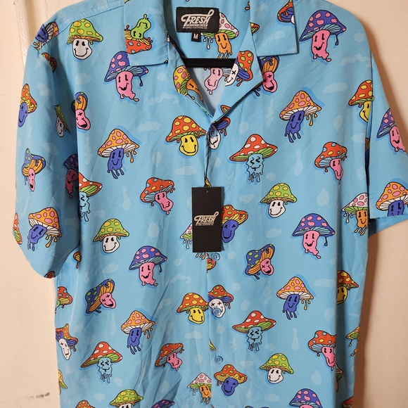 Blue Mushroom Print Men's Shirt - Picture 1 of 10
